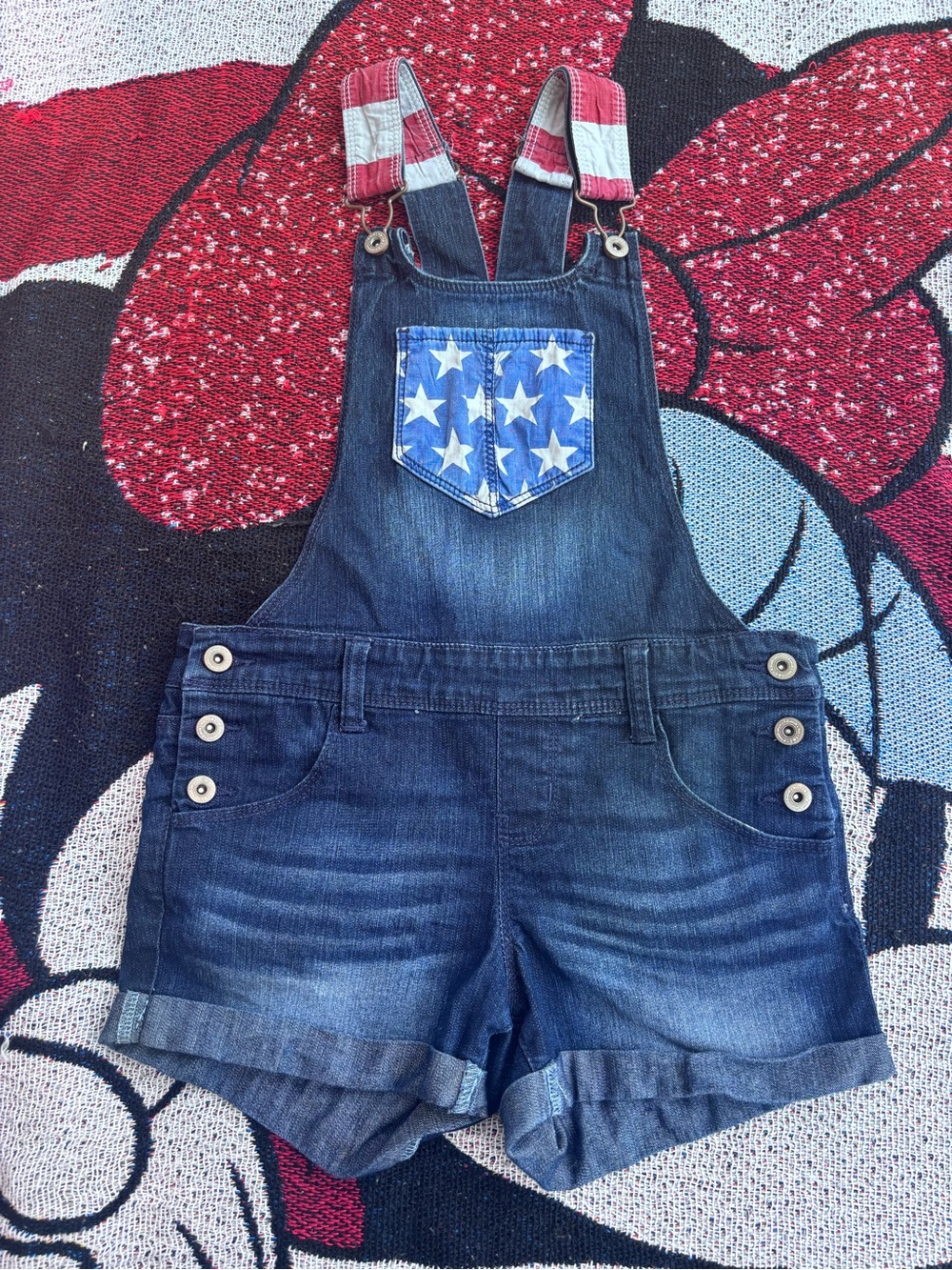 VINTAGE LEI RED WHITE AND BLUE FLAG OVERALLS JULY 4 GIRLS KIDS SIZE 7